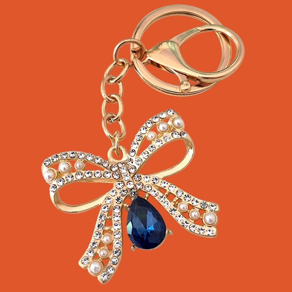 Pearl & Crystal Bow Bag Charm / Keychain  with Blue Teardrop Gem